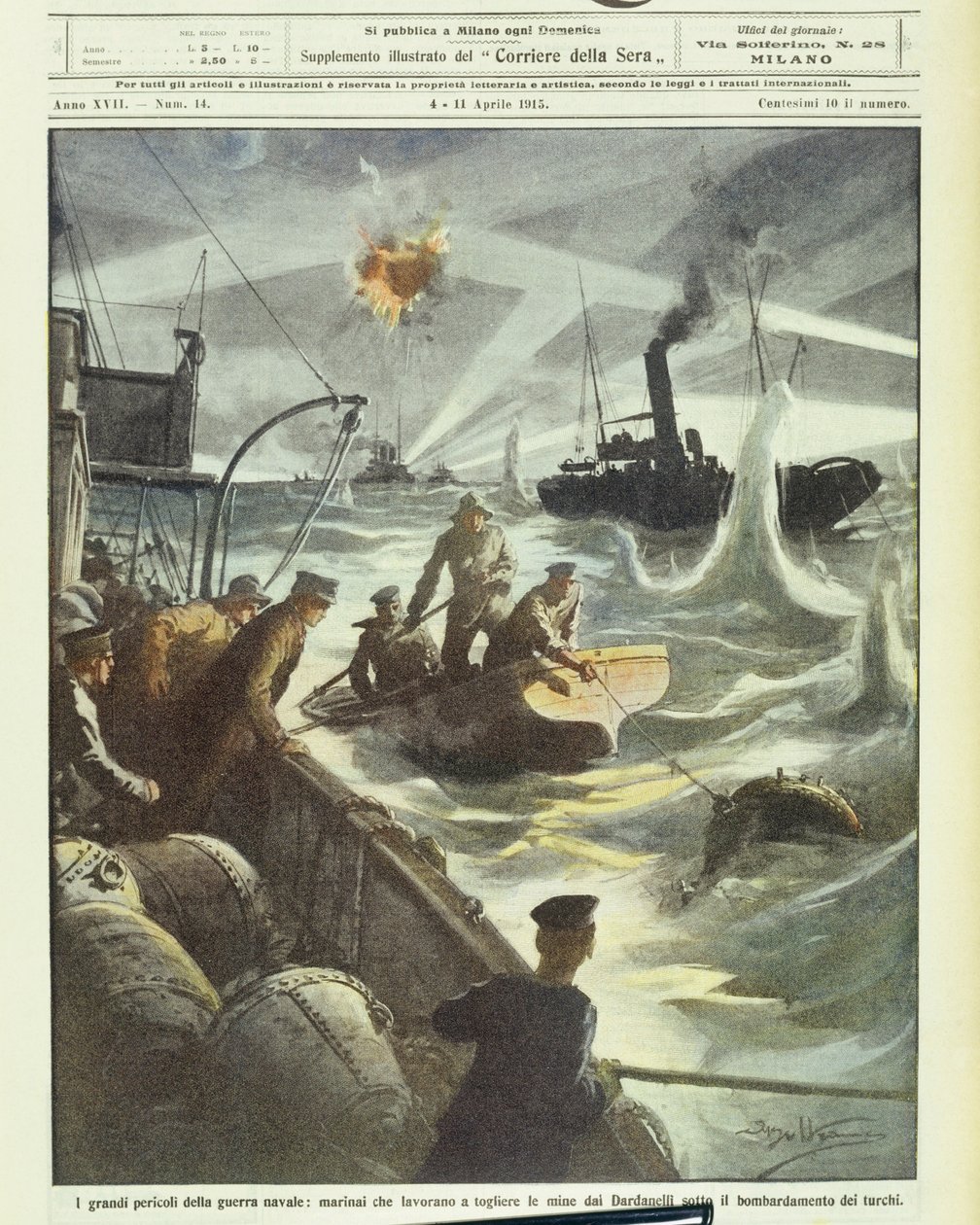 Allied forces seamen attempting to defuse mines under Turkish artillery fire, during World War I of 1914-1918 (lithograph) بواسطة أخيل بيلترام