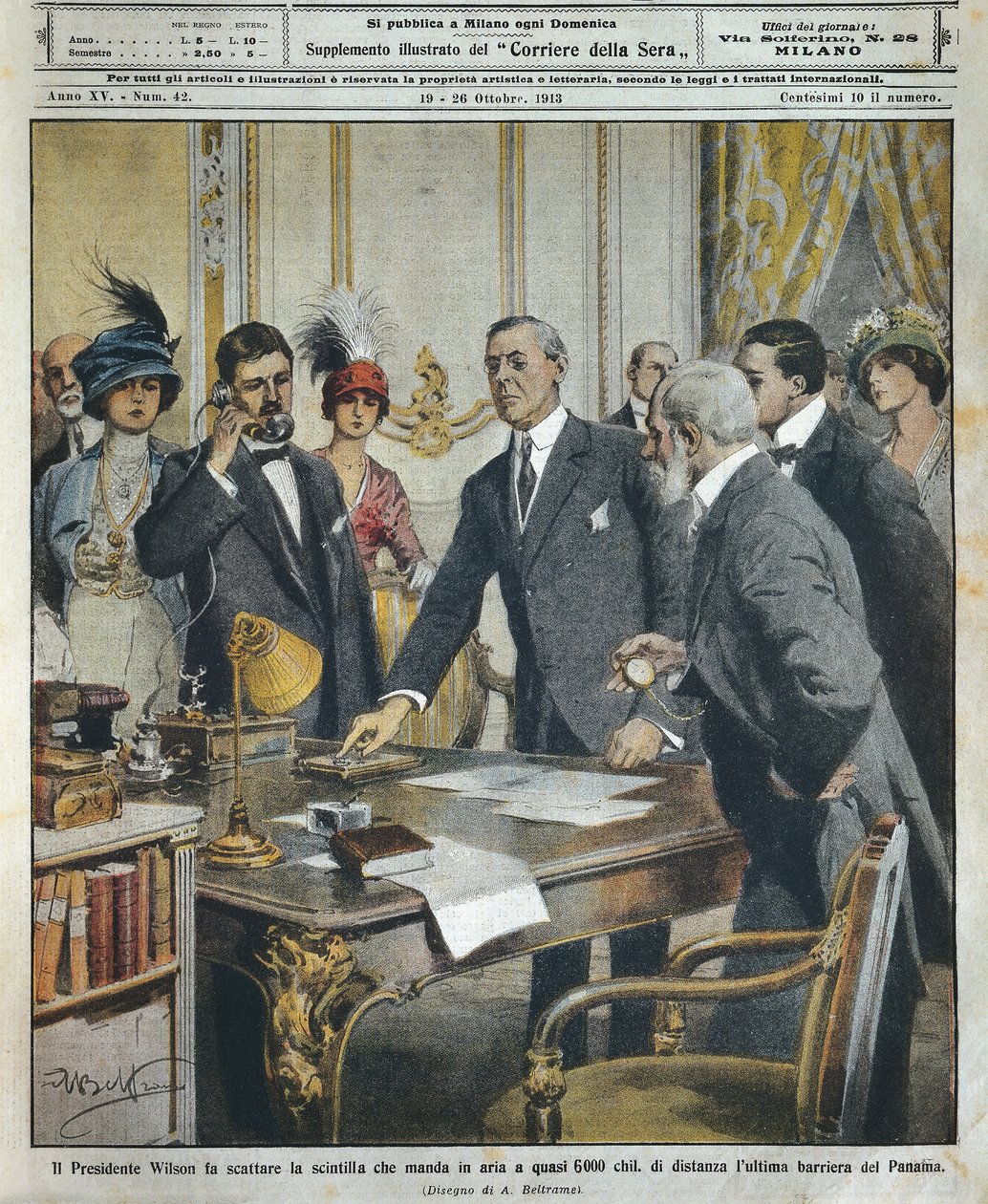 American President Woodrow Wilson sets off detonation telegraphically which demolished last barrier to Panama Canal 6000 kilometers away, by Achille Beltrame (1871-1945), from La Domenica del Corriere بواسطة أخيل بيلترام