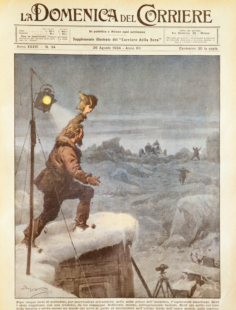 American explorer, Richard E Byrd, being joined by companions in Antarctic after being alone for five months, by Achille Beltrame, illustration, Illustrator Achille Beltrame (1871-1945), from La Domenica del Corriere, 26th August 1934 بواسطة أخيل بيلترام