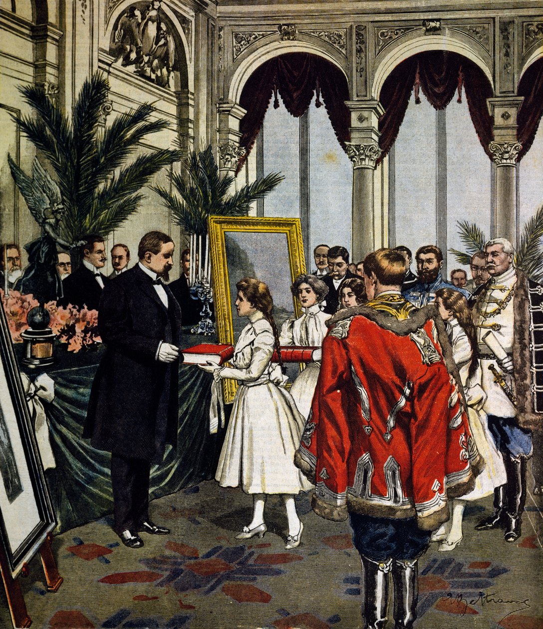 ذكرى مؤلف كتاب Quo Vadis ؟، تقديم الهدايا إلى Sinkievicz في وارسو ، رسم توضيحي لـ Achille Beltrame ، La Domenica del Corriere ، العدد 3 ، 20 يناير بواسطة أخيل بيلترام