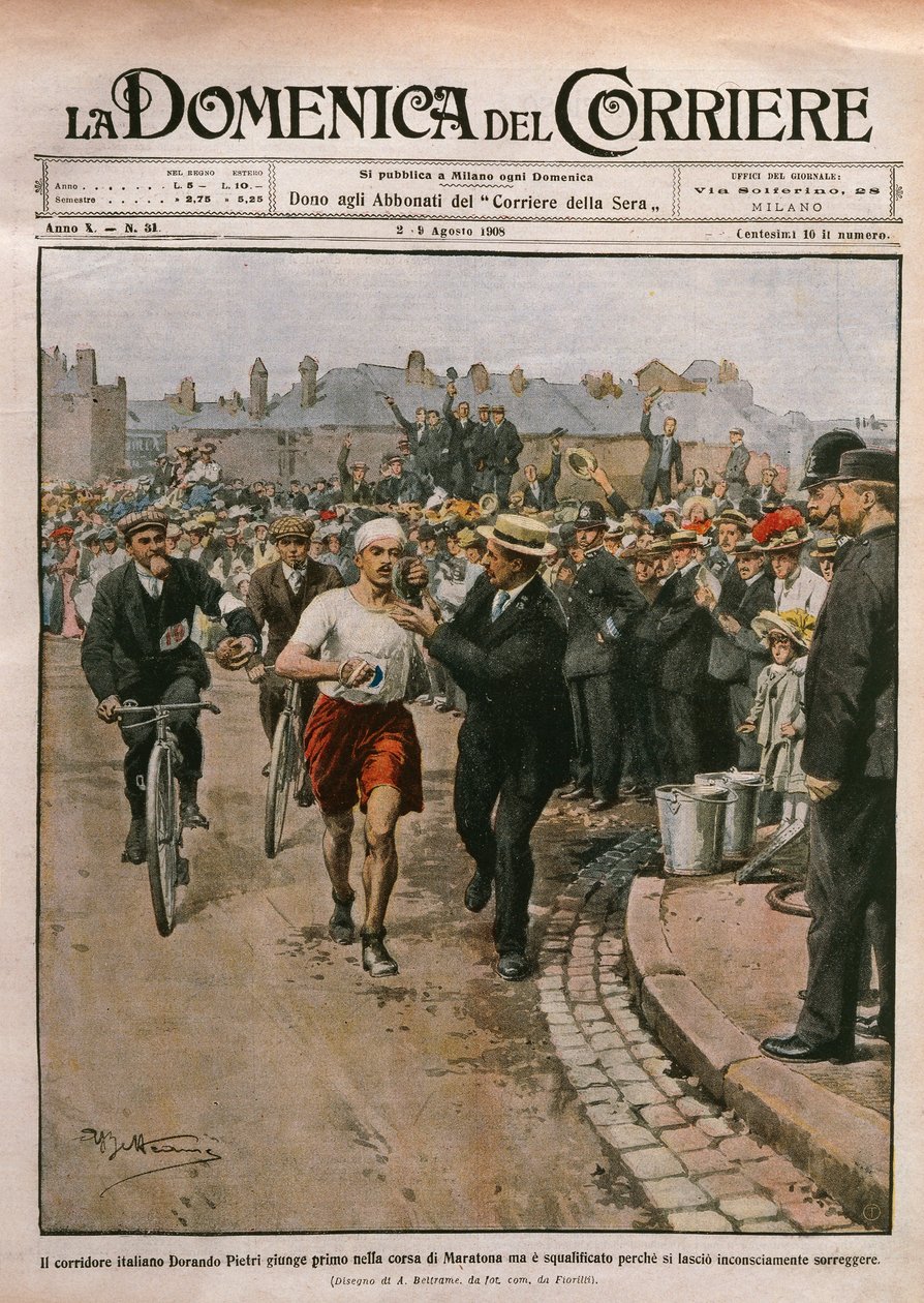 وصول دوراندو بيتري (1885-1942) في سباق الماراثون ، أولمبياد لندن ، رسم توضيحي لأخيل بلترام من لا دومينيكا ديل كوريير ، 2-9 أغسطس بواسطة أخيل بيلترام