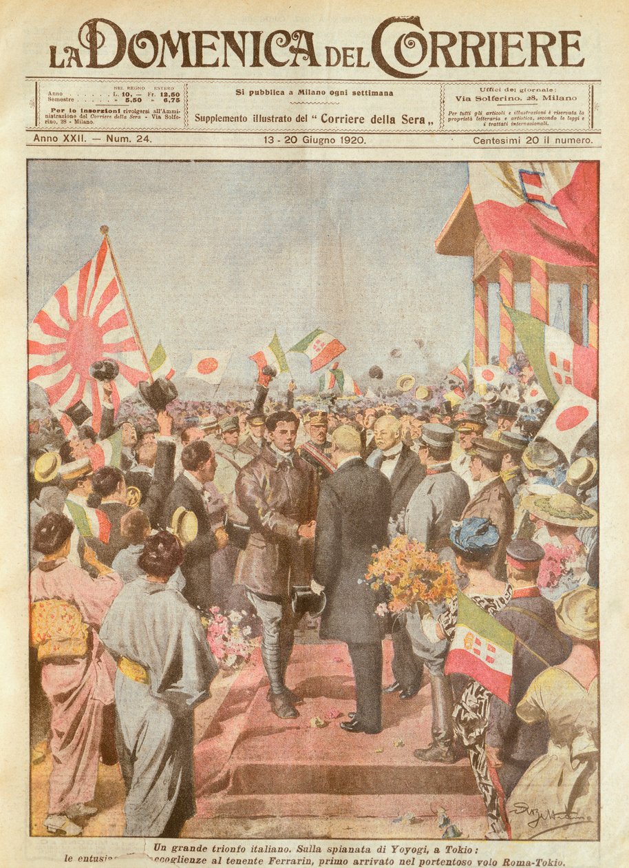 Arturo Ferrarin, long-distance flyer being welcomed in Tokyo as first to arrive on Rome-Tokyo route, by Achille Beltrame, illustration, Illustrator Achille Beltrame (1871-1945), from La Domenica del Corriere بواسطة أخيل بيلترام