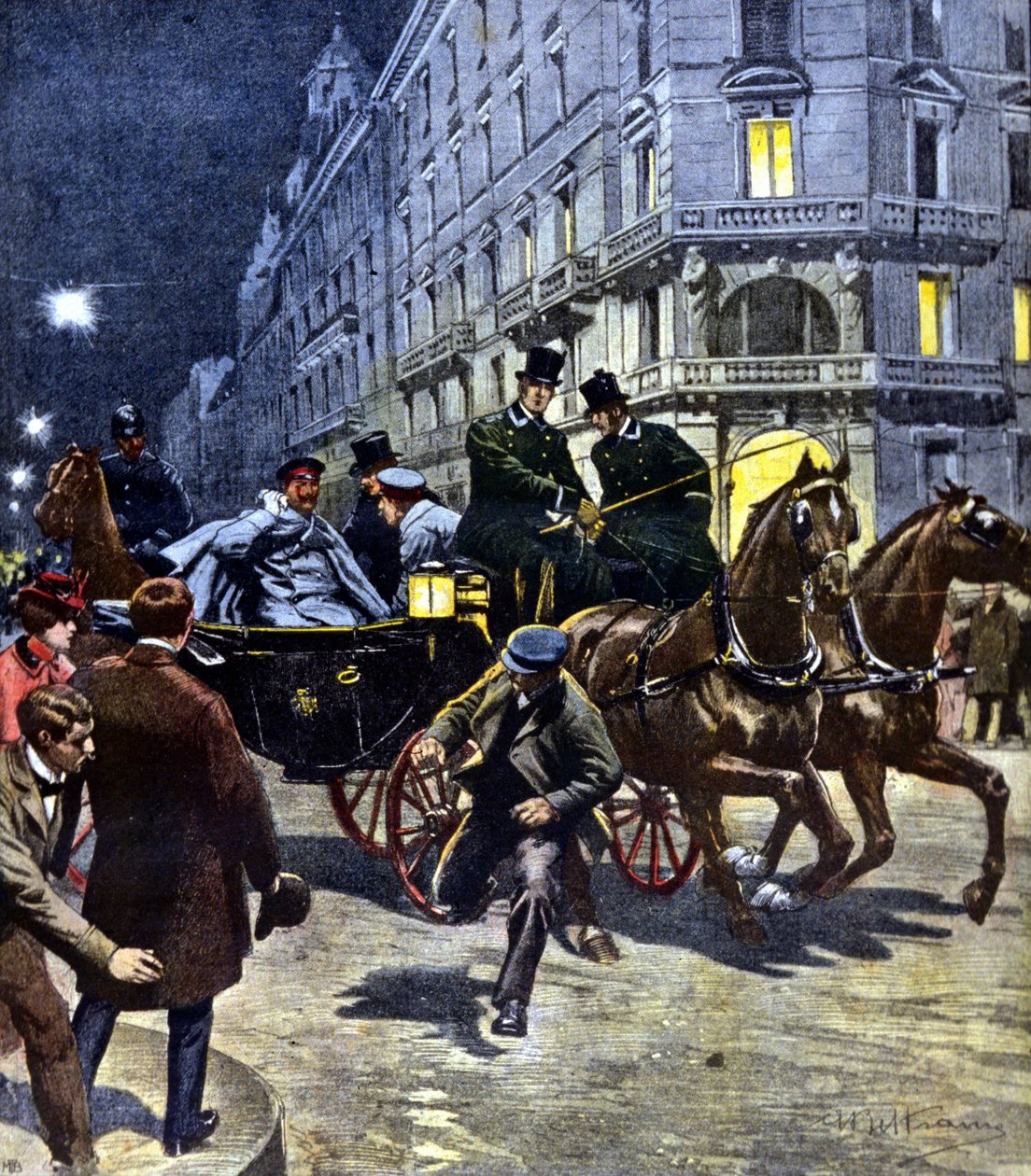 هجوم على الإمبراطور الألماني ويليام الثاني (1859 - 1941) أثناء رحلته بالحافلة إلى محطة بريمن مساء يوم 6/3/1901. رسم توضيحي لـ Beltrame. لا دومينيكا ديل كورييري. 06/17/1901. بواسطة أخيل بيلترام