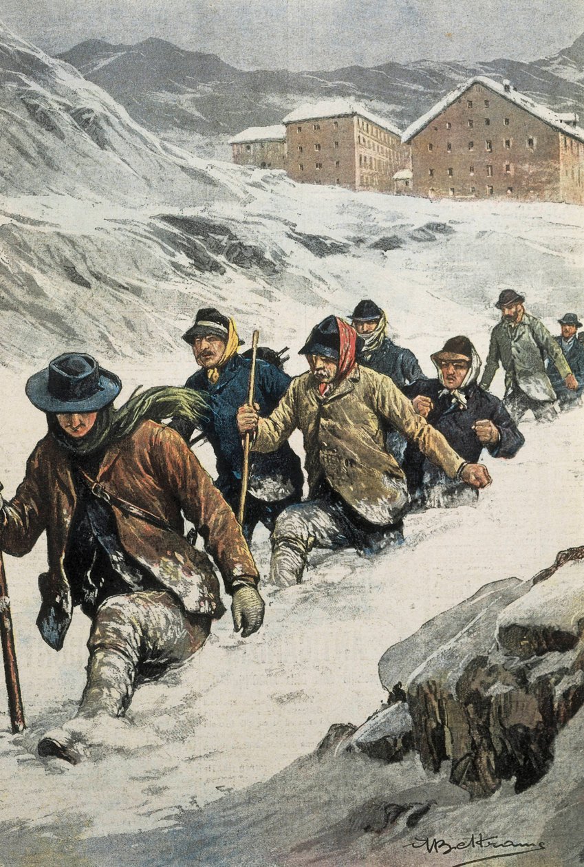 بلترام ، أخيل (1871-1945). عمال إيطاليون يعبرون ممر سانت برنارد بين أوستا وسويسرا. غلاف "" La Domenica del Corriere "". 02/14/1904. ليتوغرافيا. بواسطة أخيل بيلترام
