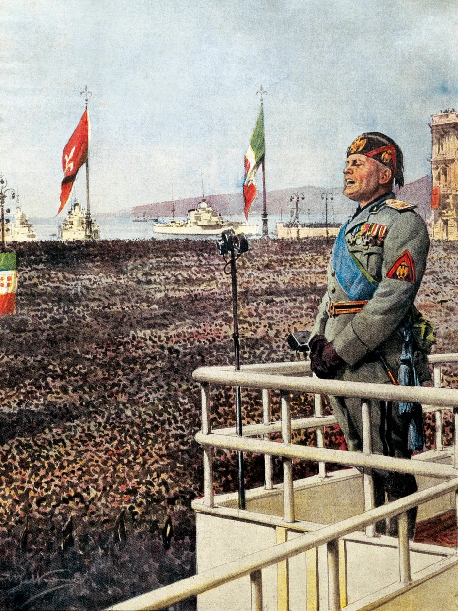 بلترام ، أخيل (1871-1945). موسوليني ، بينيتو (1883-1945). سياسي إيطالي فاشي ، دوسي الإيطالي (زعيم) (1925-1943). يتحدث الدوتشي إلى شعب ترييستي والعالم (سبتمبر 1938). رسم توضيحي لأكيلي بلترام ل "" دومينيكا ديل كور بواسطة أخيل بيلترام