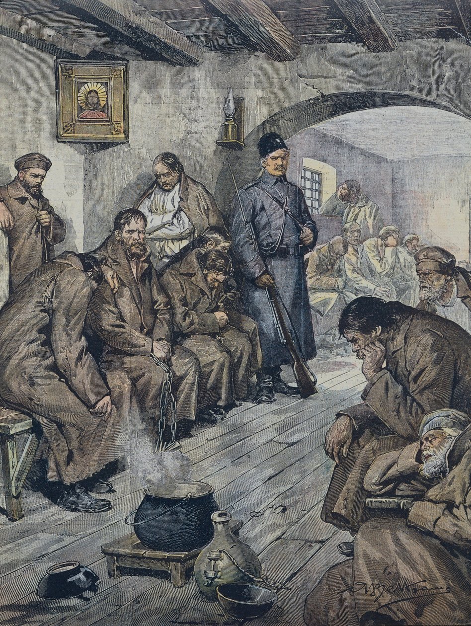 بلترام ، أخيل (1871-1945). سجناء روس يضربون عن الطعام من أجل حرية زميلهم السلي. رسم إيضاحي من قبل أ.بلترام ، لا دومينيكا من كورييري ، 19 يونيو بواسطة أخيل بيلترام