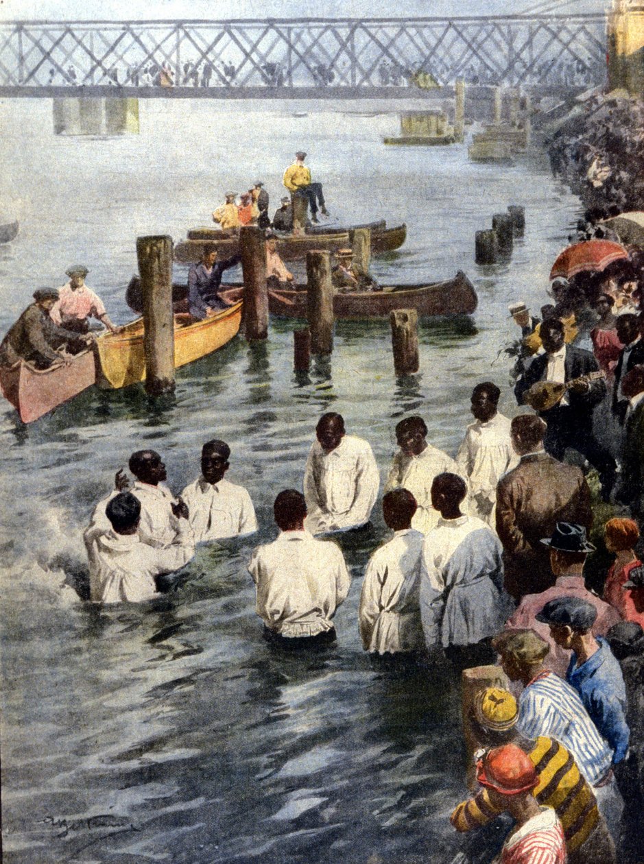 مراسم التعميد في نهر الأرز في ولاية أيوا (الولايات المتحدة الأمريكية) لأعضاء من طائفة كنيسة الرب السود. إيل. من أ. بلترام. لا دومينيكا ديل كوريير بواسطة أخيل بيلترام