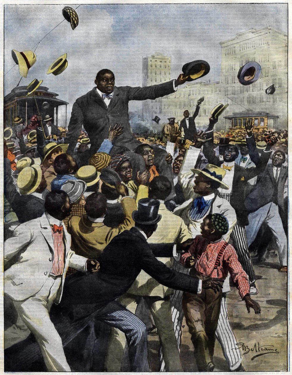 وصل بوكسر جاك جونسون إلى شيكاغو في عام 1910. رسم أخيل بيلترام لا دومينيكا ديل كوريير "". بواسطة أخيل بيلترام