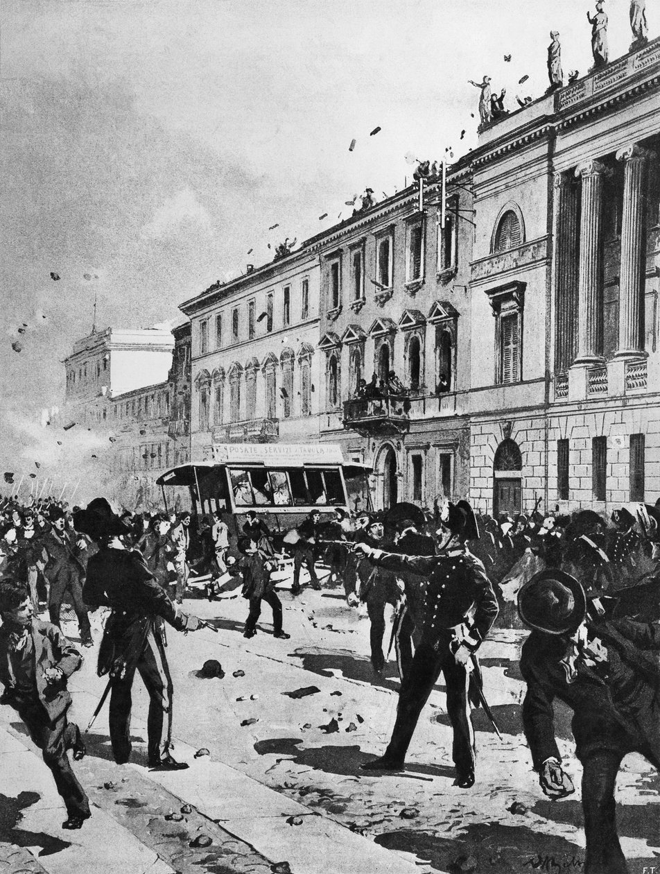 اشتباك بين المتظاهرين والشرطة في ميلانو ، كورسو فينيزيا ، أمام قصر سابوريتي ، 7 مايو بواسطة أخيل بيلترام