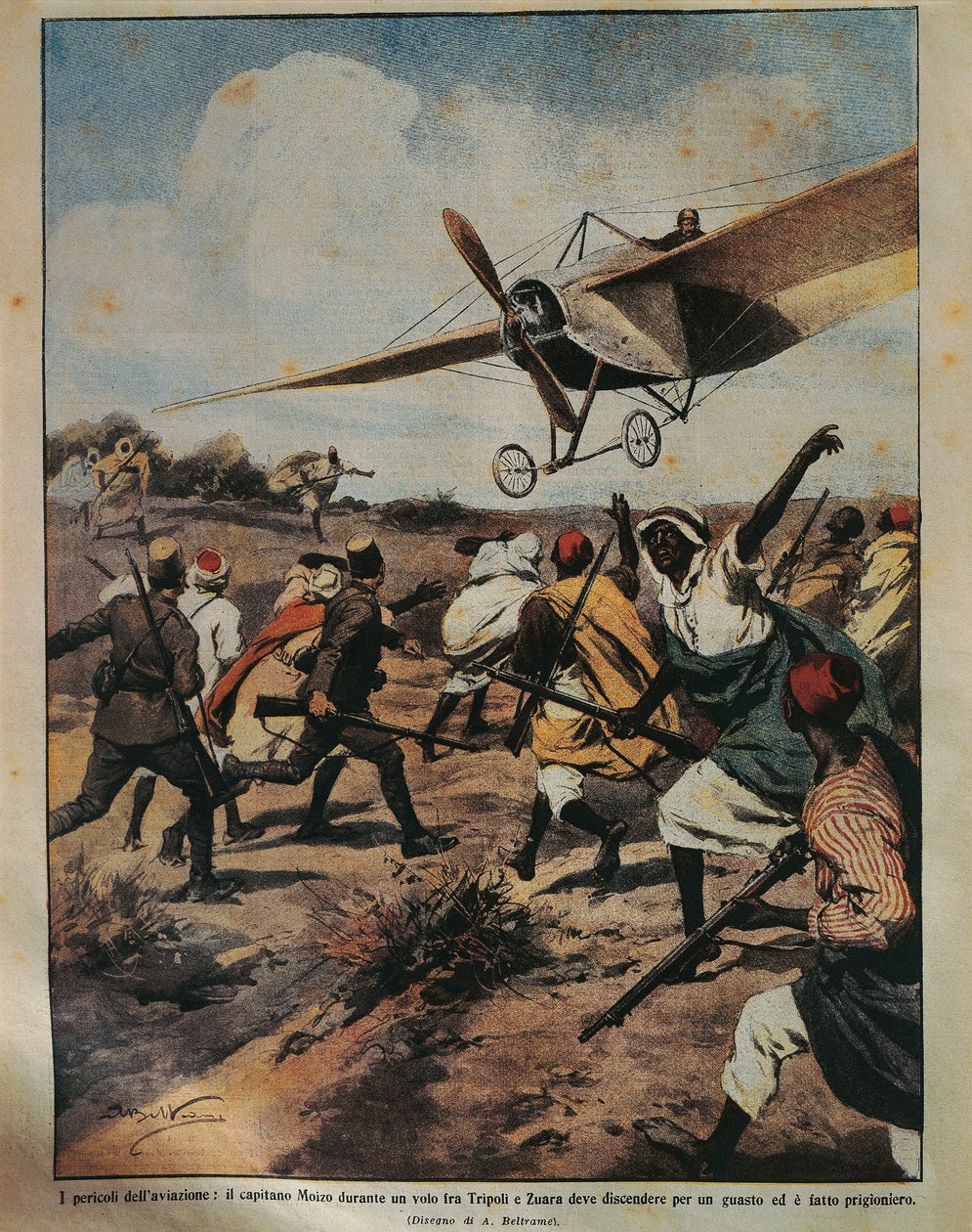 Cover illustration of Captain Moizo attempting a crash landing during the African Campaign, by Achille Beltrame (1871-1945), from La Domenica del Corriere, 22nd September 1912 بواسطة أخيل بيلترام