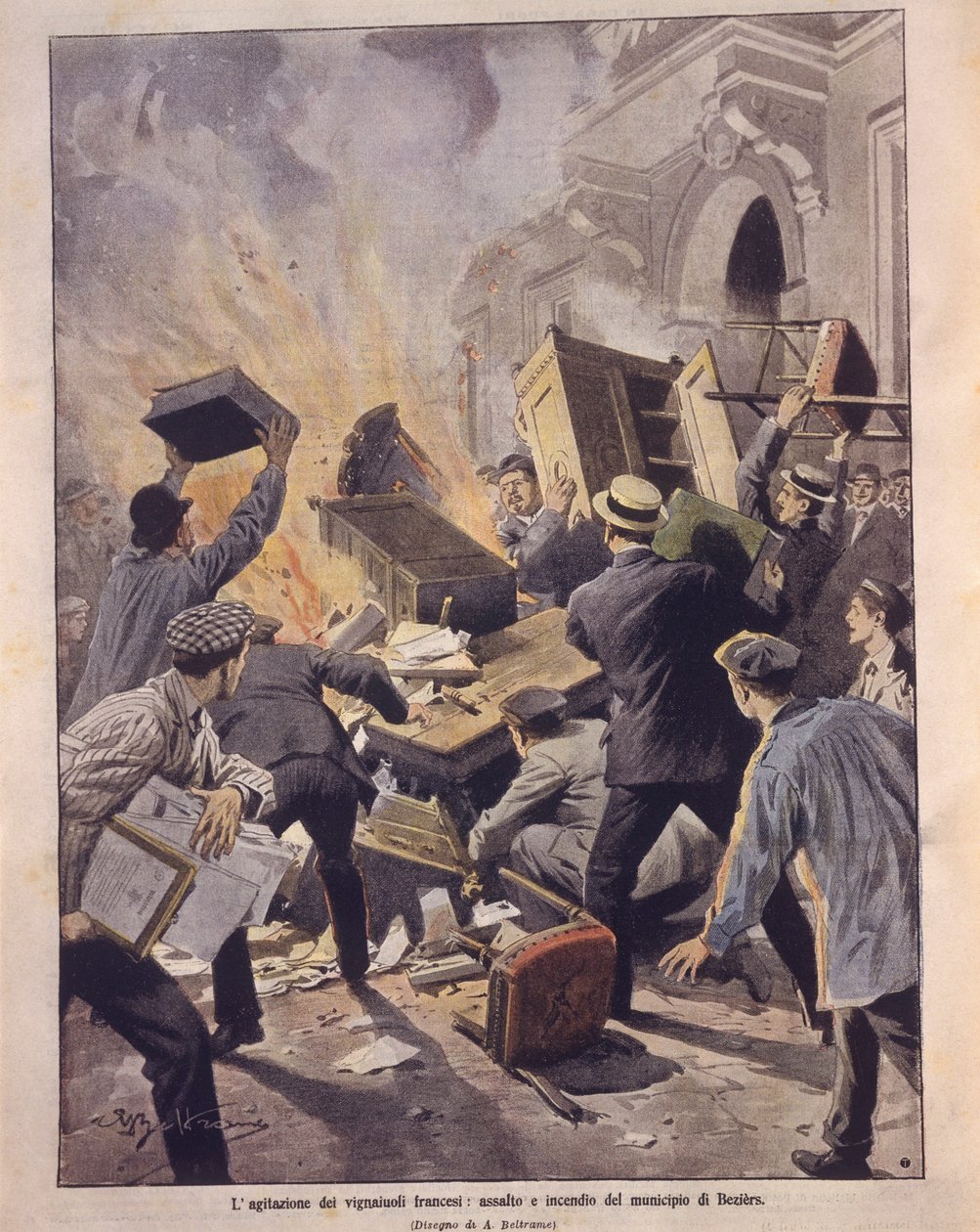 Cover illustration of winemakers setting fire to Beziers Town Hall during uprisings in France بواسطة أخيل بيلترام
