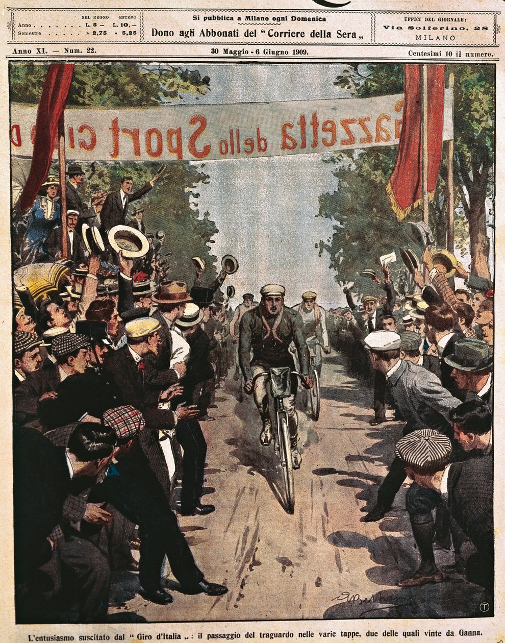 راكبو الدراجات في Giro d'Italia ، Luigi Ganna عند وصول المسرح ، رسم توضيحي لـ Achille Beltrame من La Domenica del Corriere ، 30 مايو بواسطة أخيل بيلترام