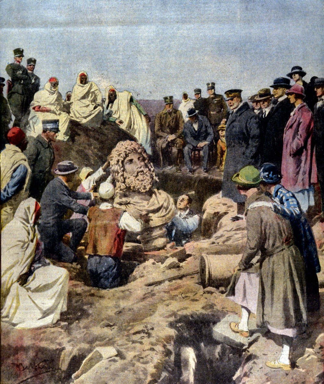 اكتشاف تمثال نصفي لكوكب المشتري في صبراتة في ليبيا عام 1925. رسم أخيل بلترام بواسطة أخيل بيلترام