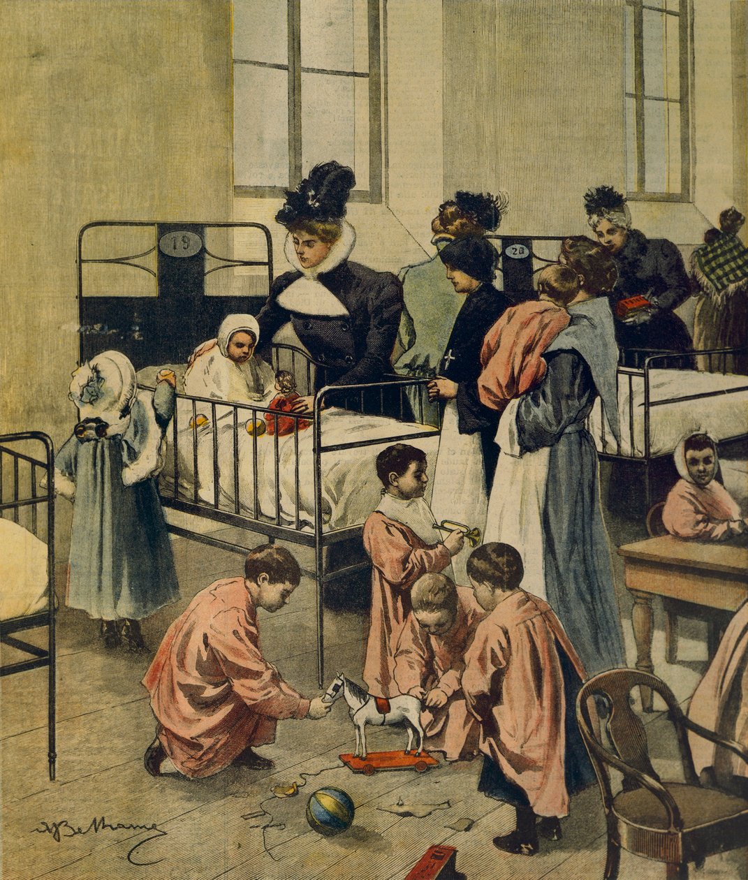 Distribution of Christmas gifts to poor children in hospital, by Achille Beltrame, illustration, Illustrator Achille Beltrame (1871-1945), from La Domenica del Corriere, 23rd November 1900 بواسطة أخيل بيلترام