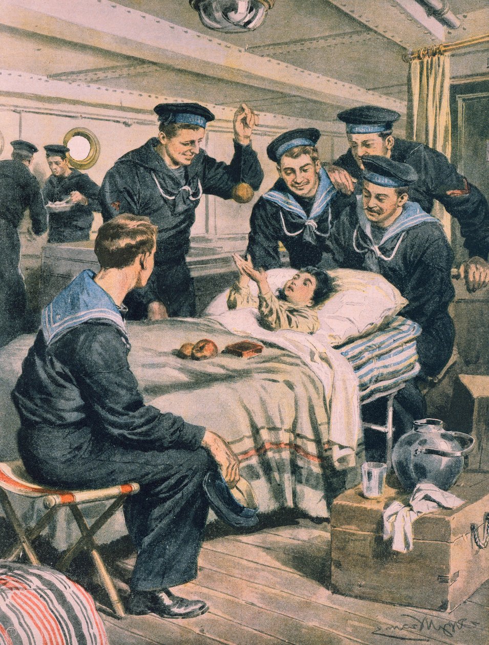 Earthquake in Messina, child being saved by navy from ruins and transported by ship, by Achille Beltrame, illustration, Illustrator Achille Beltrame (1871-1945), from La Domenica del Corriere, 28th December 1908 بواسطة أخيل بيلترام