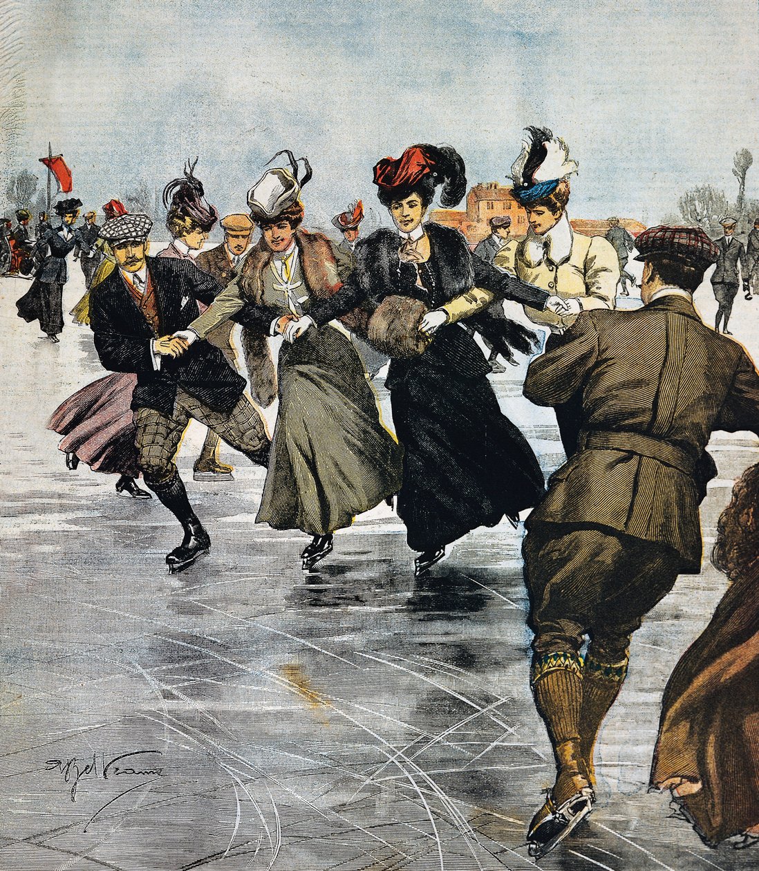 En vogue pastimes, ice skating, illustration by Achille Beltrame (1871-1945), from La Domenica del Corriere, January 27 بواسطة أخيل بيلترام