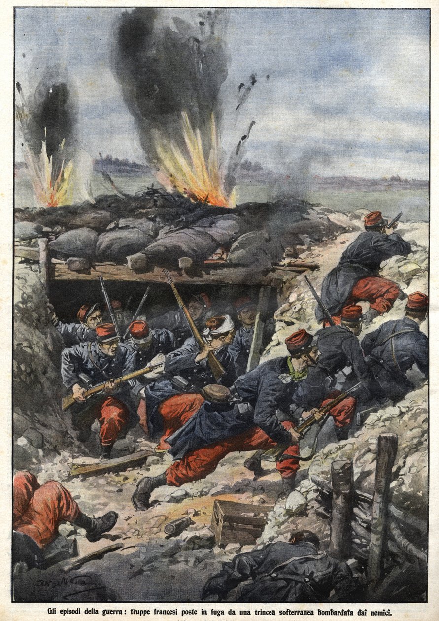 حلقة من حرب عام 1914: قصف الأعداء القوات الفرنسية في الخنادق. "La Domenica del Corriere" بواسطة أخيل بيلترام