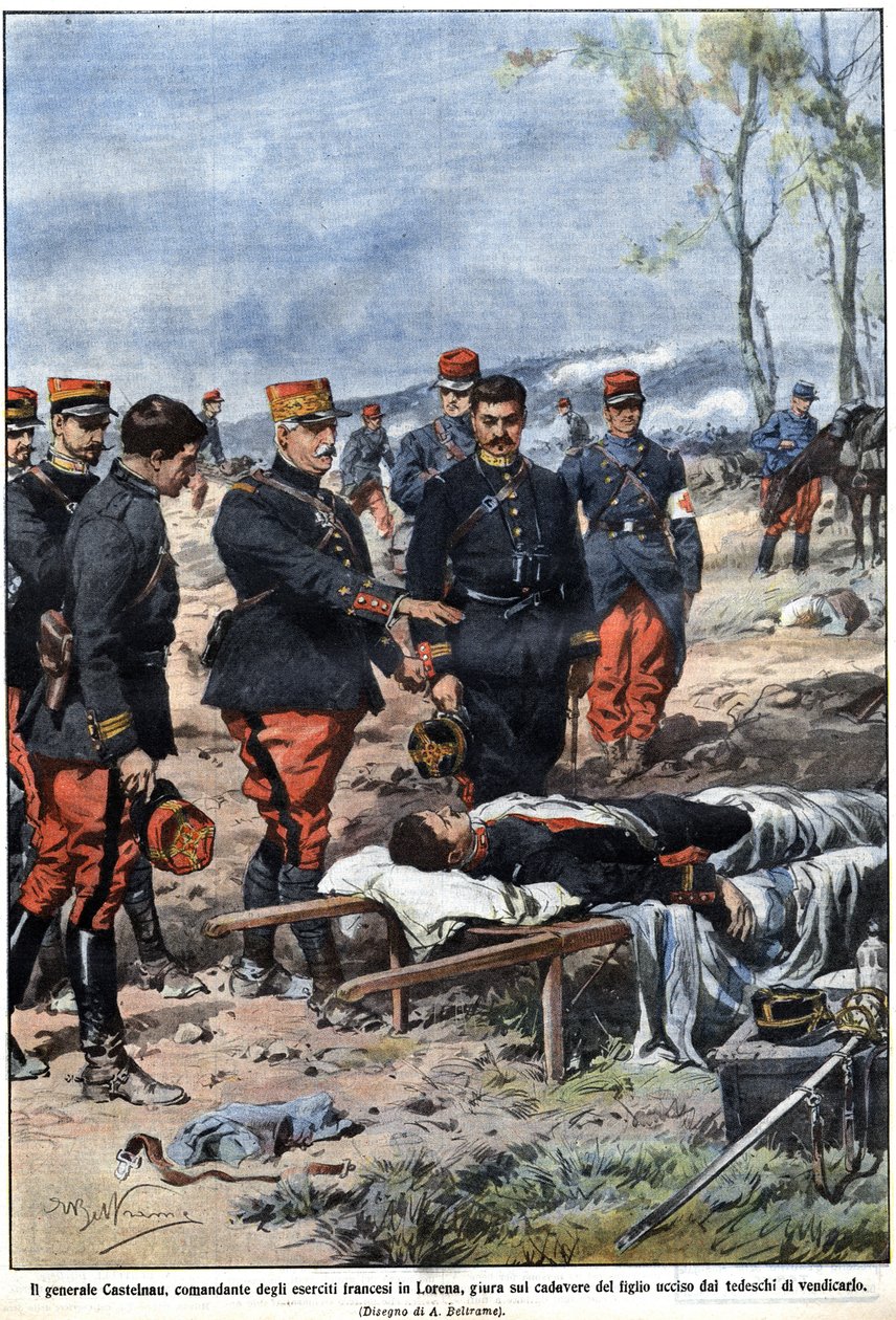 حلقة من حرب عام 1914: الجنرال نويل إدوارد دي كوريير دي كاستيلناو (1851-1944) ، قائد الجيش الفرنسي في لورين ، يقسم على جثة ابنه المتوفى للانتقام منه. رسم توضيحي لأخيل بلترام في "" La Domenica del Corriere "" بواسطة أخيل بيلترام