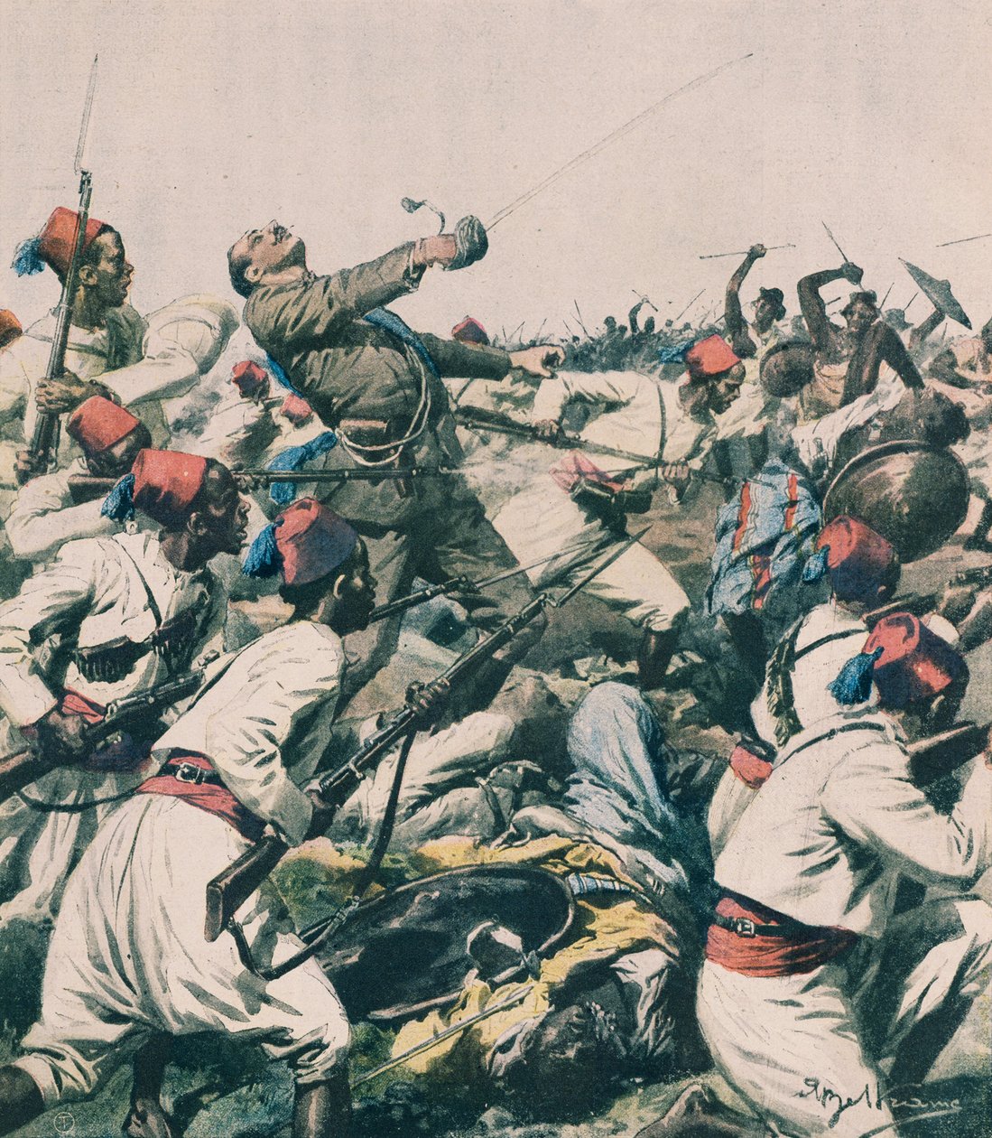 Ethiopian attack on Lugh garrison and killing of Captain Bongiovanni, by Achille Beltrame, illustration, Achille Beltrame (1871-1945), from La Domenica del Corriere بواسطة أخيل بيلترام