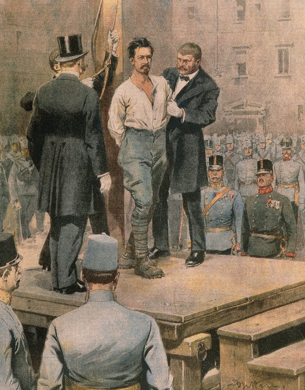 إعدام Cesare Battisti في ترينتو ، بواسطة Achille Beltrame ، رسم توضيحي ، الرسام Achille Beltrame (1871-1945) ، من La Domenica del Corriere ، يوليو 1916 بواسطة أخيل بيلترام