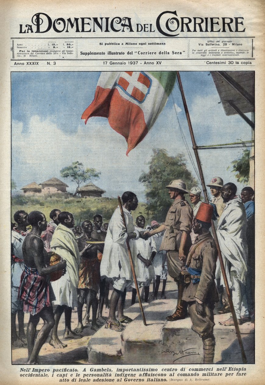 الفاشية 1937: اجتماعات في غامبيلا ، المركز التجاري للإمبراطورية الإثيوبية ، لرؤساء وشخصيات السكان الأصليين من أجل الانضمام إلى الحكومة الإيطالية. رسم توضيحي لأخيل بلترام في "" La domenica del corriere "" 17/01/19 بواسطة أخيل بيلترام