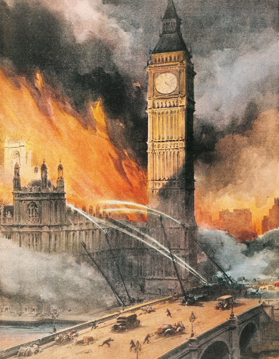 Fire at Westminster Palace, London, after German bombing, illustration from 