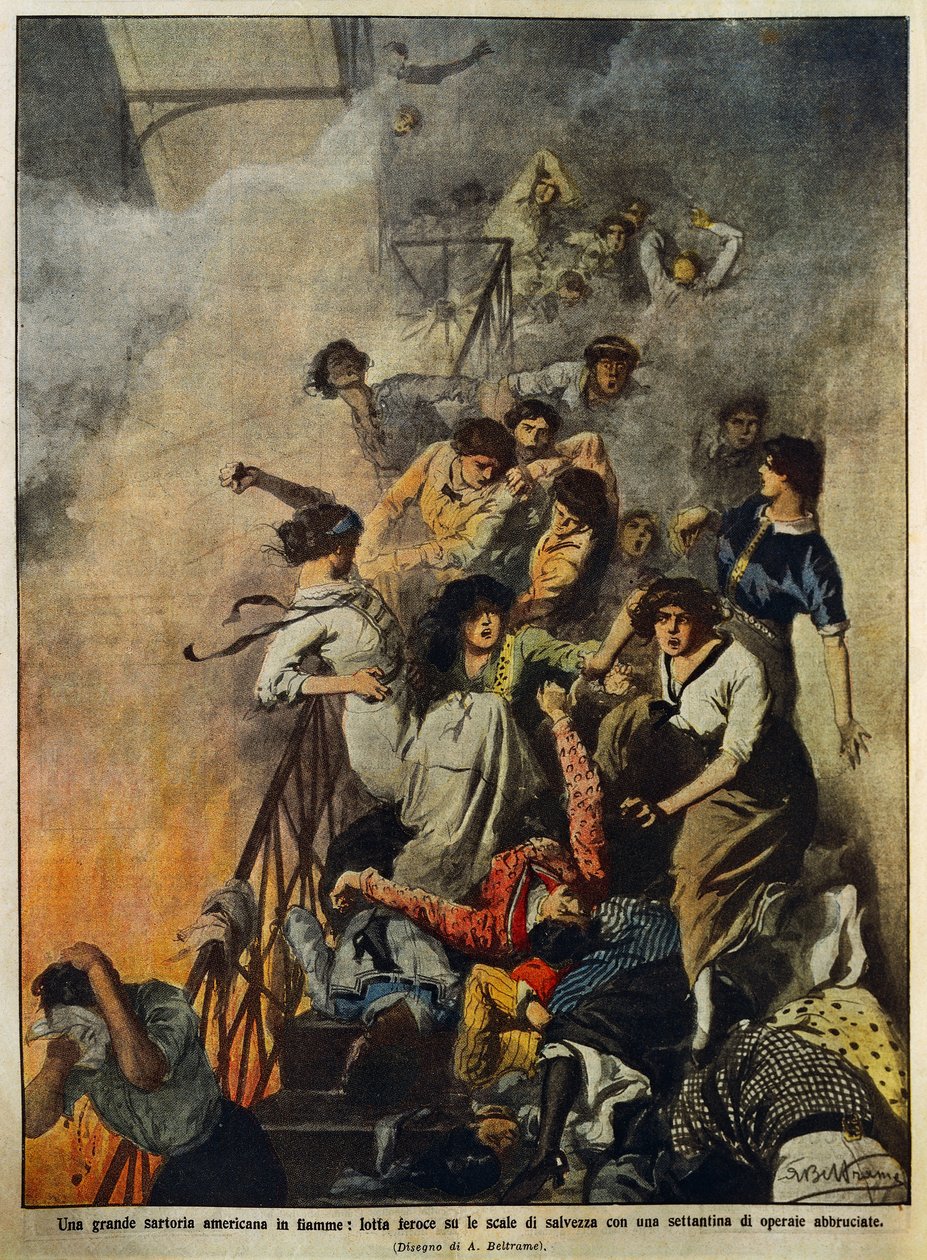 حريق في مصنع نسيج أمريكي كبير: عمال على درج ، رسم توضيحي لأخيل بيلترام (1871-1945) ، من لا دومينيكا ديل كوريير ، 10 أغسطس بواسطة أخيل بيلترام