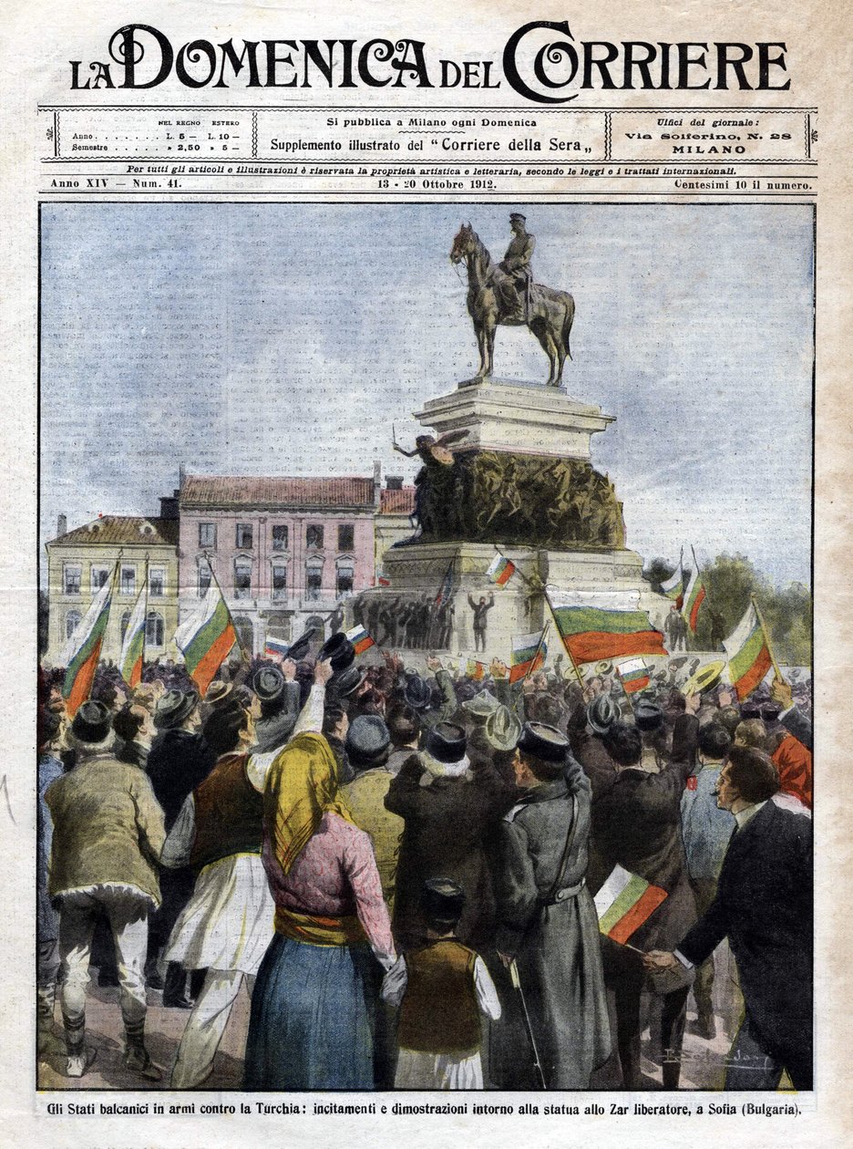 حرب البلقان الأولى: مظاهرات أمام تمثال القيصر في صوفيا ، بلغاريا - رسم توضيحي لبلترامي في لا دومينيكا ديل كوريير - أكتوبر 1912 (حرب البلقان الأولى: مظاهرة في صوفيا ، بلغاريا) بواسطة أخيل بيلترام