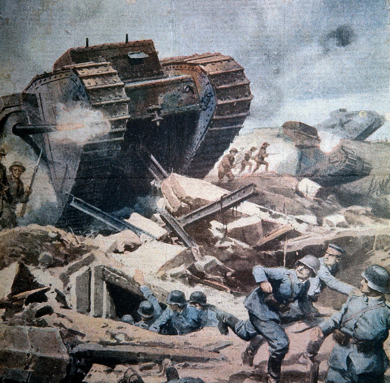 الحرب العالمية الأولى (1914-1918): "" هجوم الدبابات الإنجليزية في بيكاردي "" رسم توضيحي لإطار أخيل من لا دومينيكا ديل كوريير 1916 بواسطة أخيل بيلترام