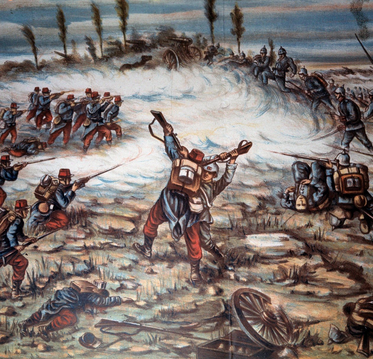 الحرب العالمية الأولى (1914-1918) معركة بين القوات المسلحة الفرنسية والألمانية بين التكيرش ومولوز في 21/8/1914. رسم توضيحي لأخيل بلترام (1871-1945). مجموعة خاصة بواسطة أخيل بيلترام