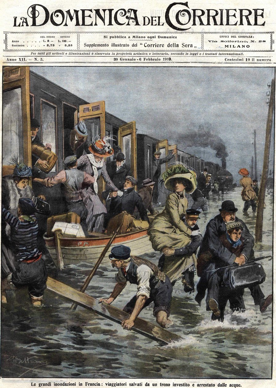 فيضانات في المناطق المحيطة بباريس في يناير 1910 ، غلاف "Domenica del corriere" الصادر في 6 فبراير بواسطة أخيل بيلترام