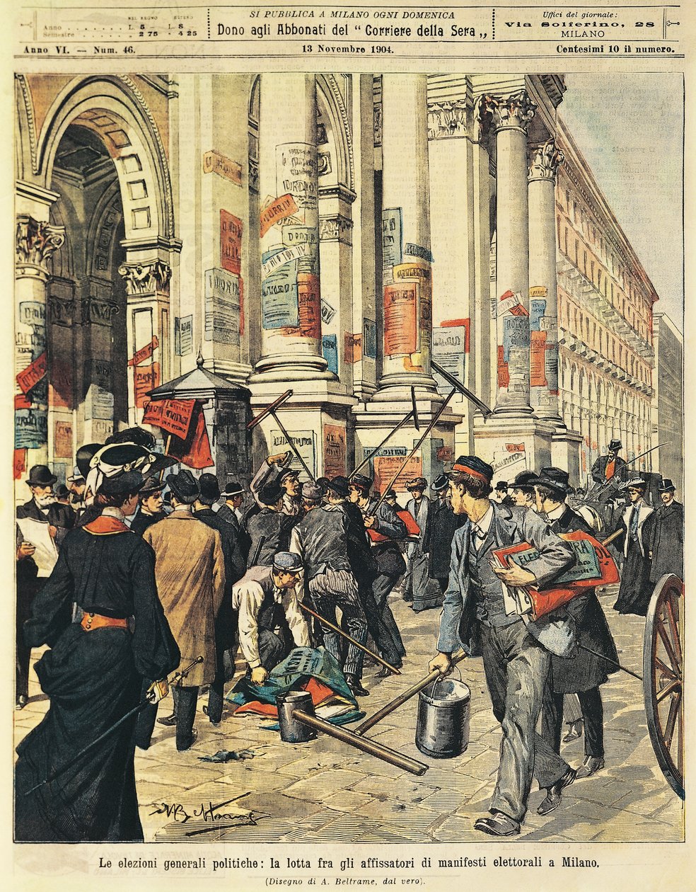 General elections in Milan: confrontations between people hanging political posters in Milan, by Achille Beltrame (1871-1945), from La Domenica del Corriere بواسطة أخيل بيلترام