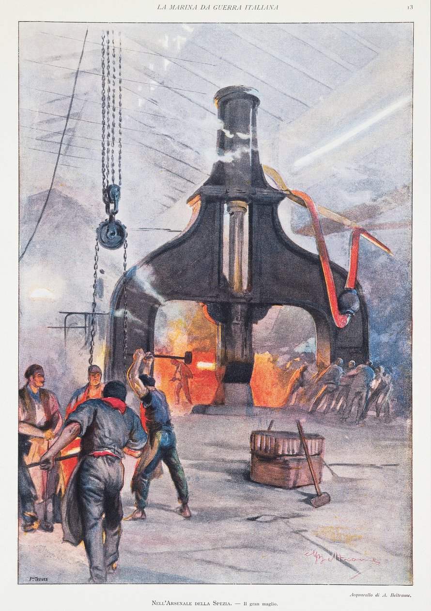 Giant hammer at arsenal in La Spezia, by Achille Beltrame, illustration, Illustrator Achille Beltrame (1871-1945), from La Domenica del Corriere بواسطة أخيل بيلترام