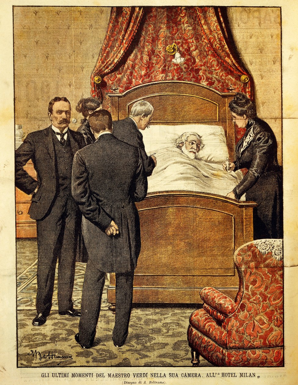 Giuseppe Verdi (1813-1901) dying, illustration by Achille Beltrame (1871-1945). Italy, 20th century. بواسطة أخيل بيلترام