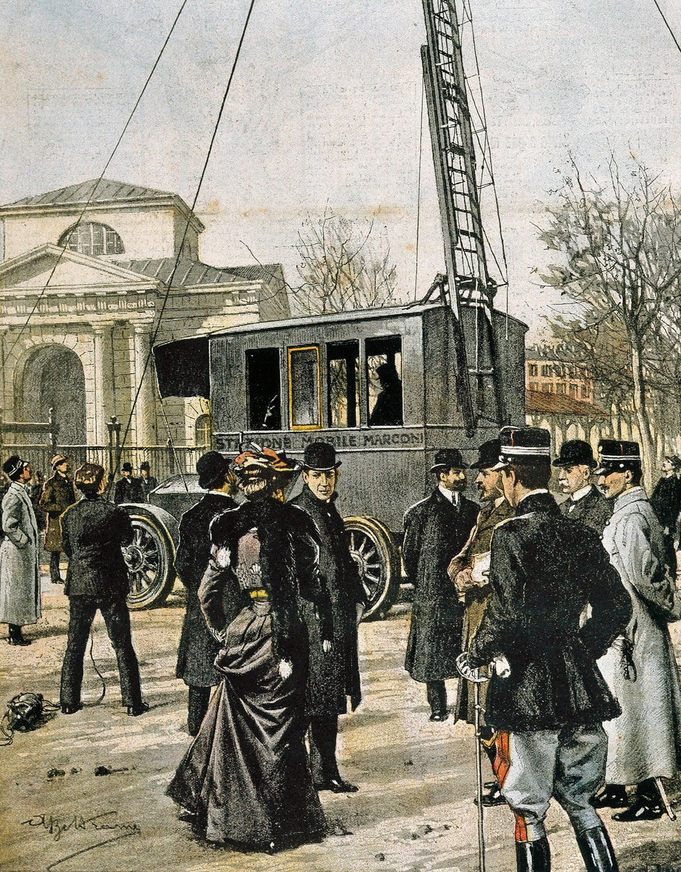 Guglielmo Marconi يساعد في ميلان في اختبار أول Stazione Radio Mobile. رسم إيضاحي لأخيل بلترامي لـ "Domenica del Corriere" (1906). نقش. بواسطة أخيل بيلترام
