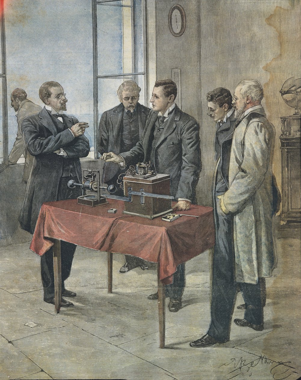 Guglielmo Marconi testing the wireless telegraphy across the English Channel. Illustration by Achille Beltrame on the Italian newspaper 