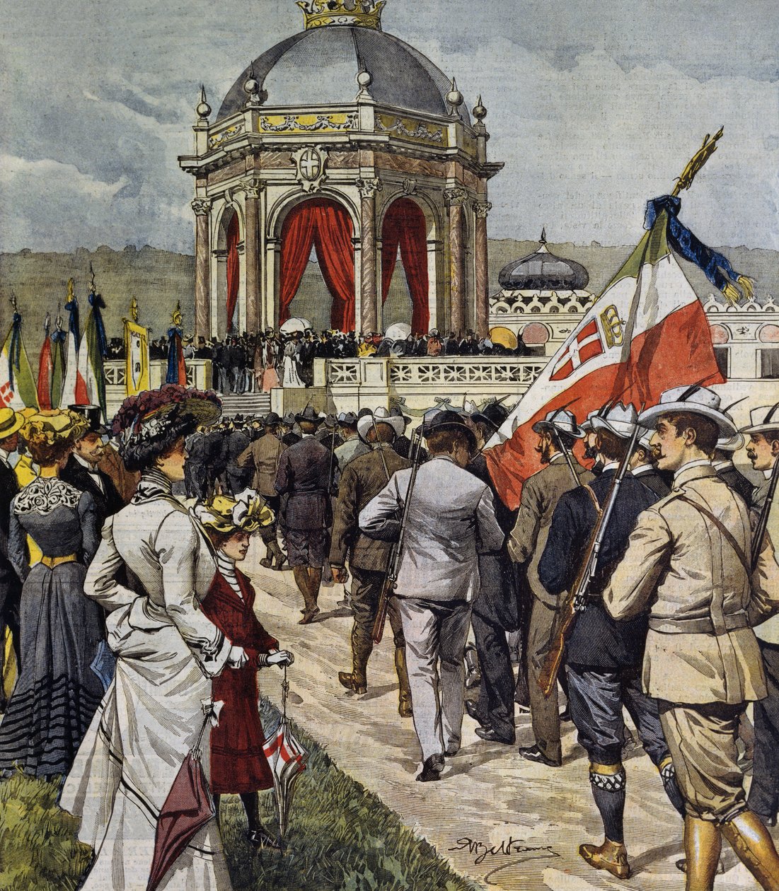 افتتاح مسابقة الرماية IV في Farnesina polygon ، روما ، إيطاليا ، رسم توضيحي لـ Achille Beltrame من La Domenica del Corriere ، 25 مايو بواسطة أخيل بيلترام