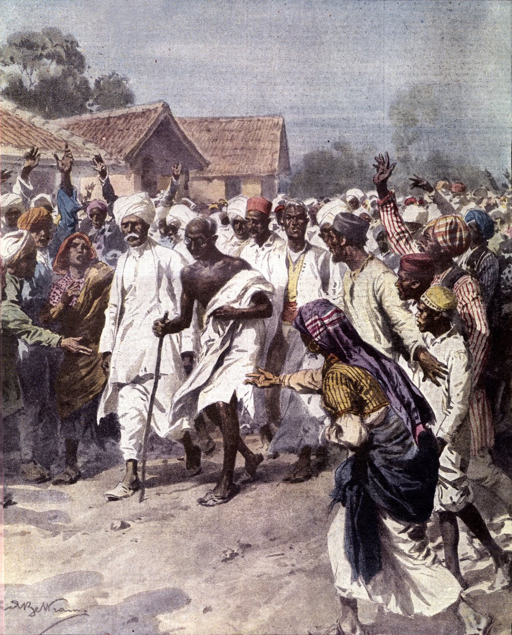 بدأ الزعيم السياسي الهندي والمرشد الروحي Mohandas Karamchand Gandhi (1869-1948) (المهاتما) في 12/03/1930 مسيرة ملح للحصول على استقلال الهند عن البريطانيين. رسم توضيحي لأخيل بلترام من فيلم "La domenica del Corriere" عام 1930 بواسطة أخيل بيلترام