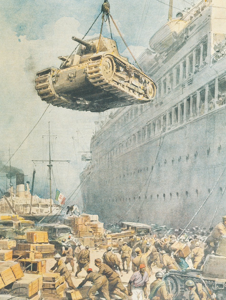 Italian convoy arriving at its destination in Libya, by Achille Beltrame, illustration, Illustrator Achille Beltrame (1871-1945), from La Domenica del Corriere بواسطة أخيل بيلترام