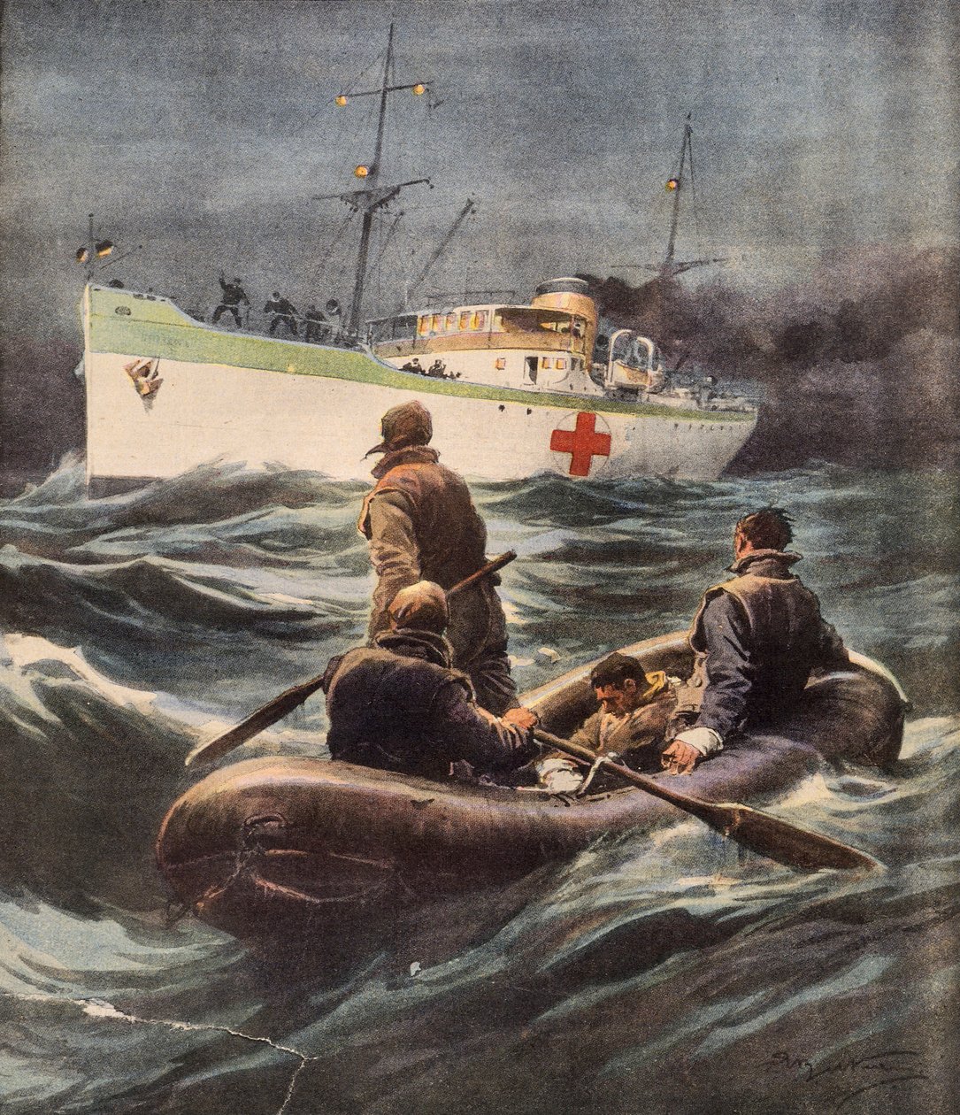 Italian hospital ship rescuing four German airmen who were shot down, by Achille Beltrame (1871-1945), illustration from La Domenica del Corriere, February 23 بواسطة أخيل بيلترام