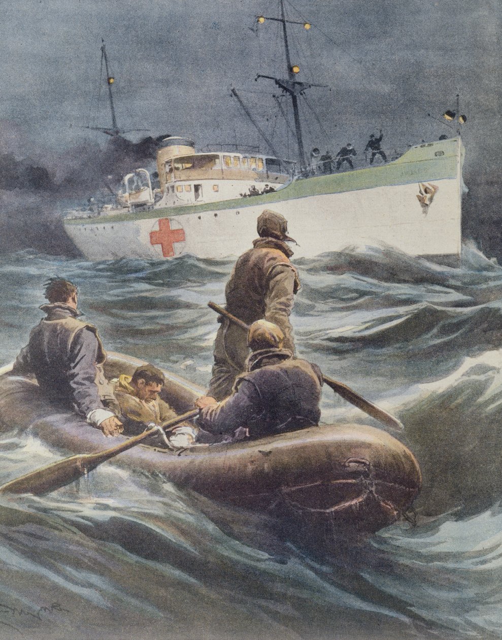 Italian hospital ship taking wounded on board, by Achille Beltrame, illustration, Illustrator Achille Beltrame (1871-1945), from La Domenica del Corriere, 23rd March 1941 بواسطة أخيل بيلترام