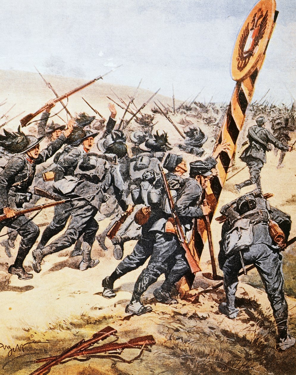 جنود إيطاليون يعبرون الحدود النمساوية ، بواسطة Achille Beltrame (1871-1945) ، رسم توضيحي من La Domenica del Corriere ، يونيو 1915 بواسطة أخيل بيلترام