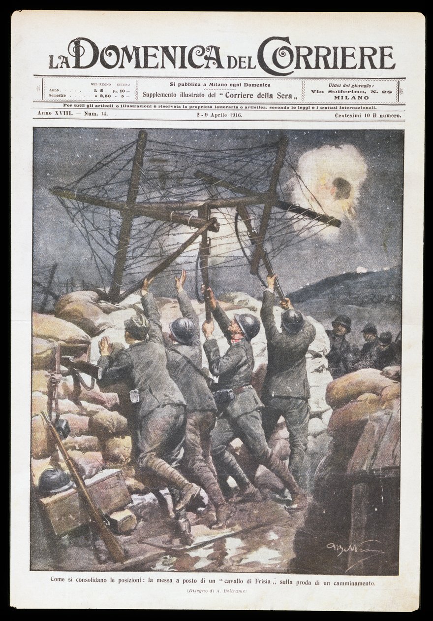 Italian soldiers putting Frisian horse on trench, plate by Achille Beltrame (1871-1945) for Domenica del Corriere, 2-9 April 1916, First World War, Italy, 20th century بواسطة أخيل بيلترام