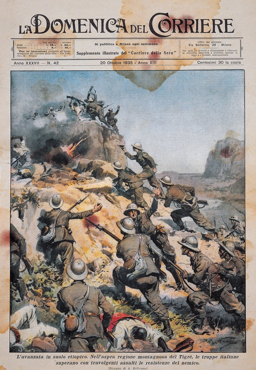 القوات الإيطالية تتقدم على الأراضي الإثيوبية ، رسم توضيحي من La Domenica del Corriere ، 20 أكتوبر بواسطة أخيل بيلترام