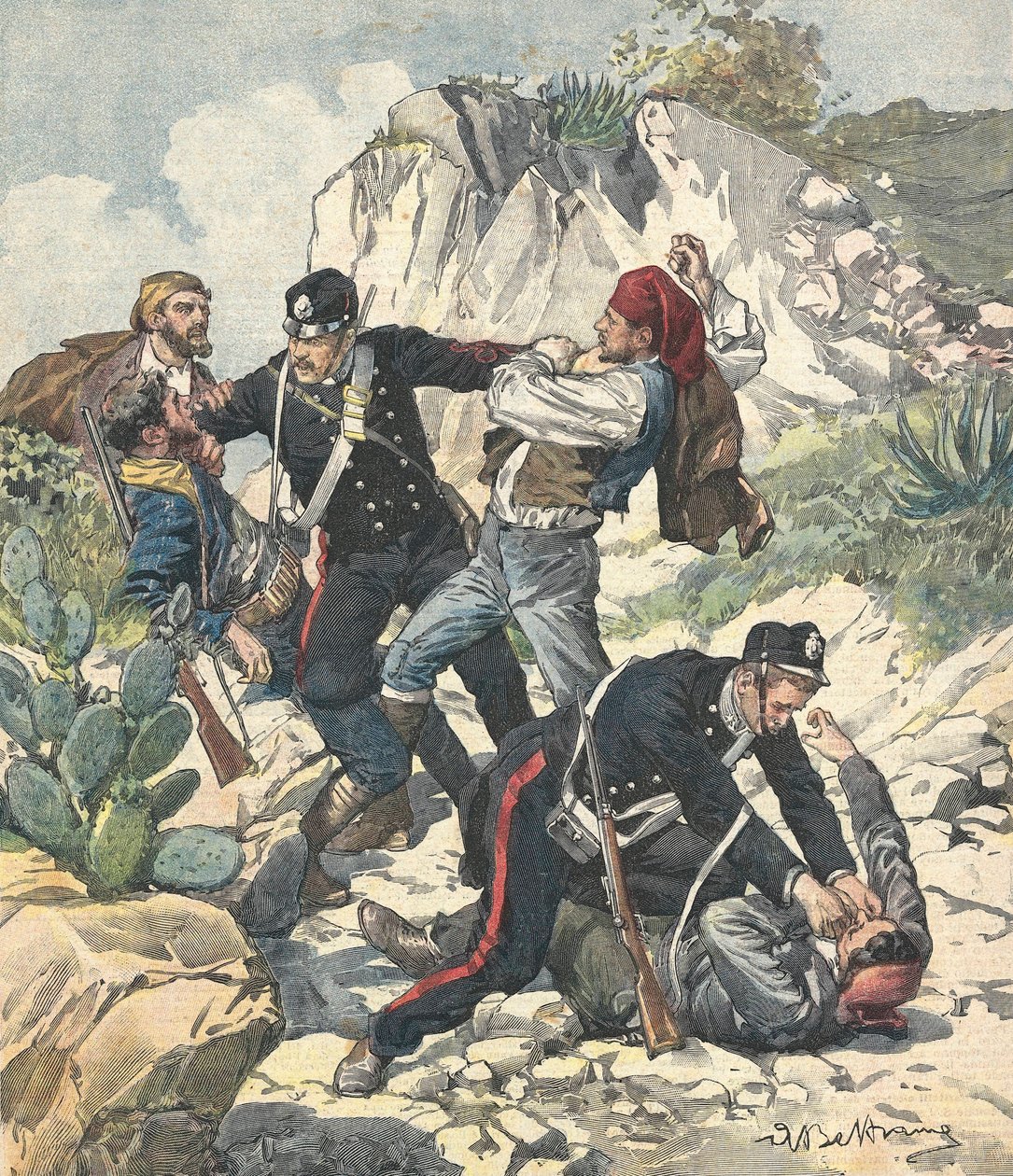 إيطاليا (1902). Carabiniers القبض على قطاع طرق وعصابته في تراباني. رسم توضيحي لأخيل بلترام من "" Domenica del Corriere "(23 فبراير بواسطة أخيل بيلترام