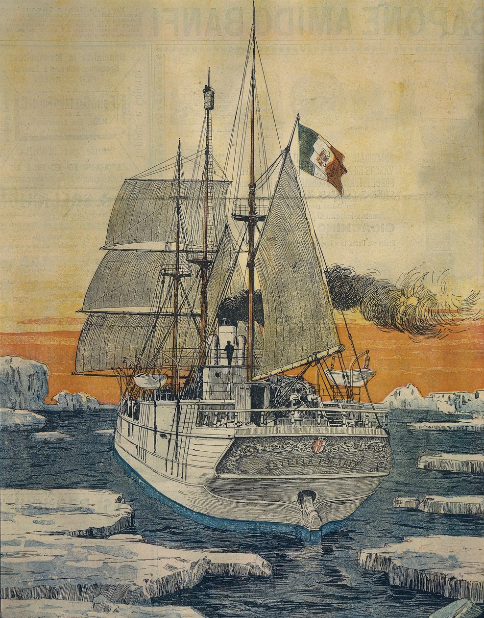 Journey to North Pole: Polar Star ship which carried Prince Luigi Amedeo of Savoy-Aosta, Duke of Abruzzi, to Bay of Teplitz on Rudolf-Island, by Achille Beltrame (1871-1945), from La Domenica del Corriere بواسطة أخيل بيلترام