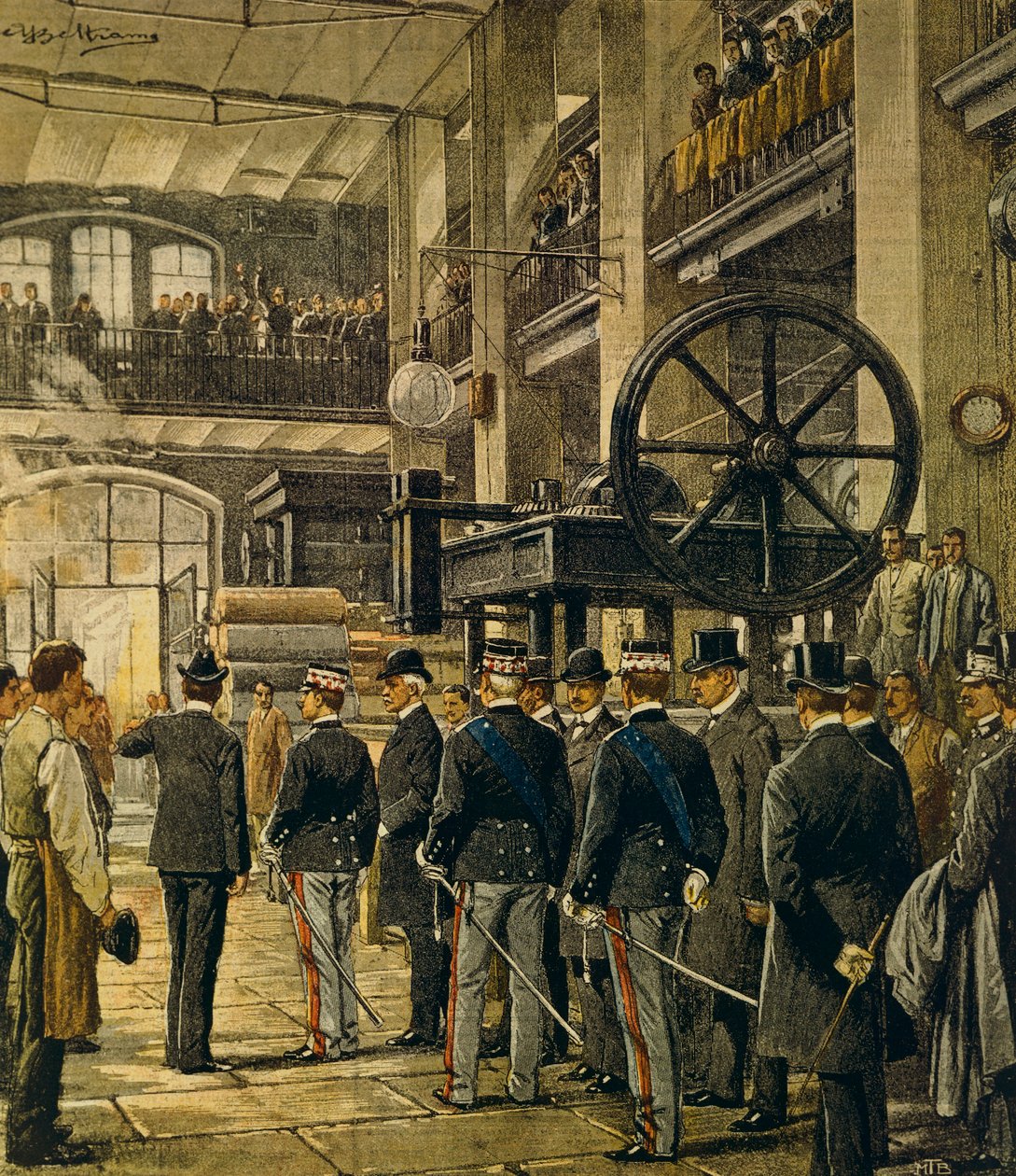 King Vittorio Emanuele III visiting factories in Milan, by Achille Beltrame (1871-1945), from La Domenica del Corriere, 8th October 1905 بواسطة أخيل بيلترام