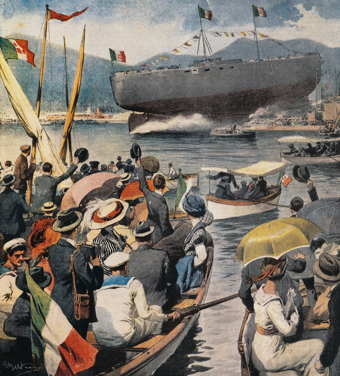 إطلاق البارجة أندريا دوريا من أرسنال في لا سبيتسيا ، لوحة من قبل أشيل بلترام (1871-1945) ، لا دومينيكا ديل كوريير ، 6 أبريل بواسطة أخيل بيلترام
