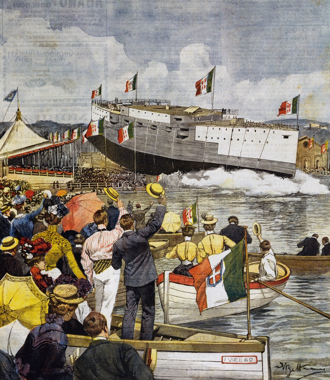 إطلاق البارجة ريجينا مارغريتا في لا سبيتسيا ، لوحة من قبل أخيل بيلترام (1871-1945) ، لا دومينيكا ديل كوريير ، 9 يونيو بواسطة أخيل بيلترام
