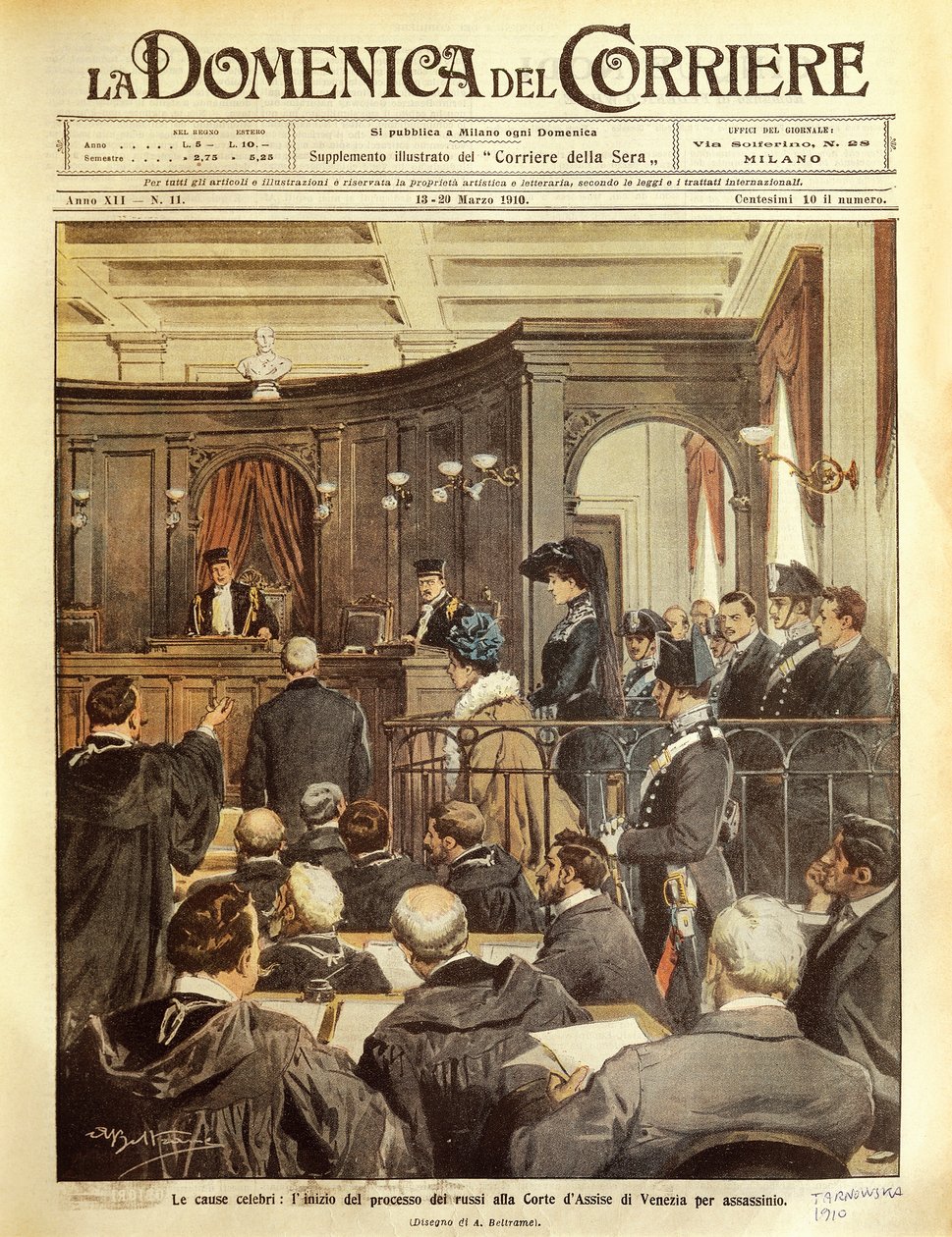 Maria Tarnowska on trial in Venice, by Achille Beltrame, illustration, Illustrator Achille Beltrame (1871-1945), from La Domenica del Corrier بواسطة أخيل بيلترام